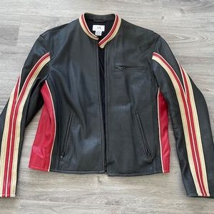 Men's leather moto jacket, dark grey/black & red/ivory trim
